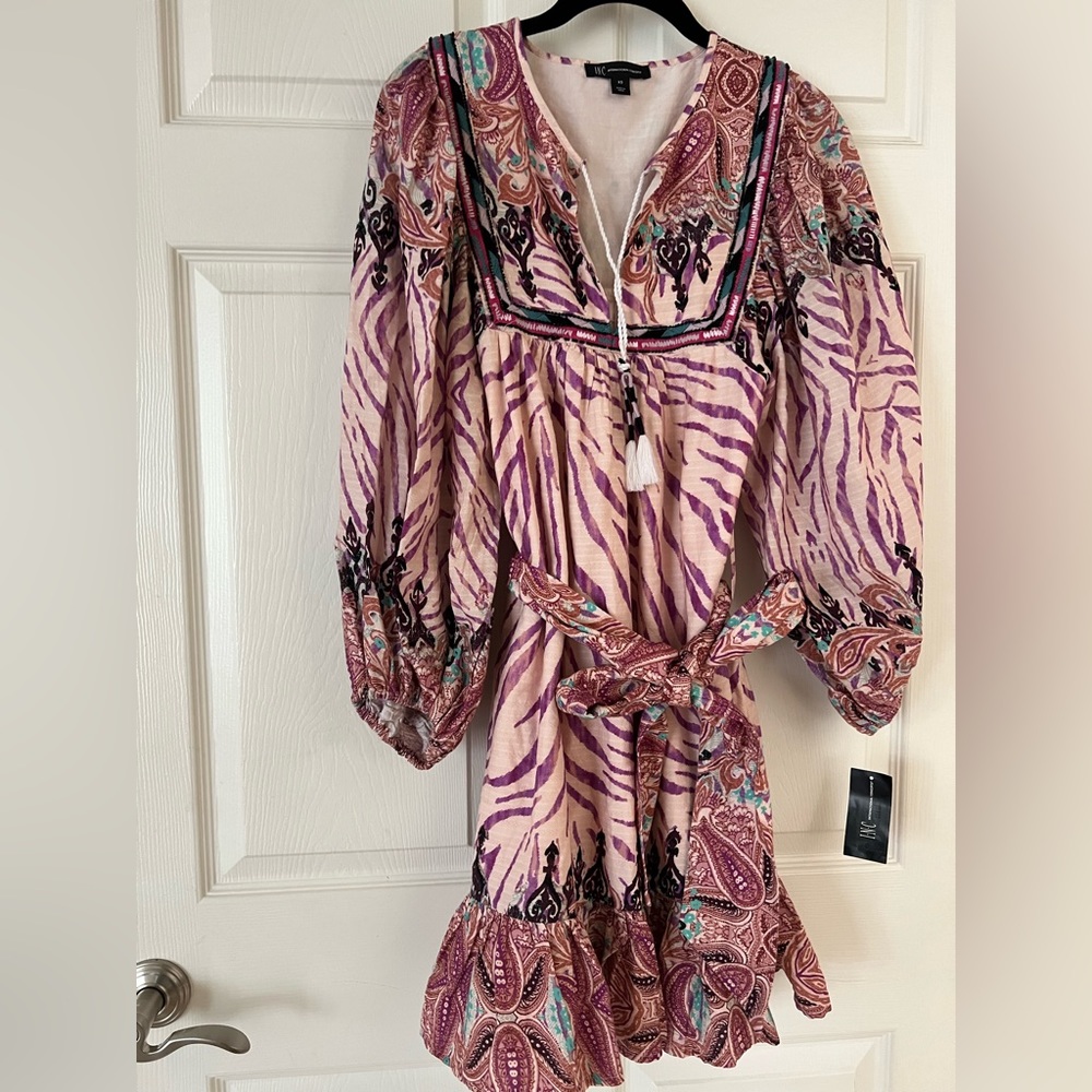 NWT INC Pink Boho Puffy Balloon Sleeve Embroidered Embellished Mini Dress,  XS